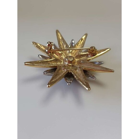 Liz Claiborne Celestial Sun Moon Brooch Sunburst Gold Silver Tone - Picture 7 of 9